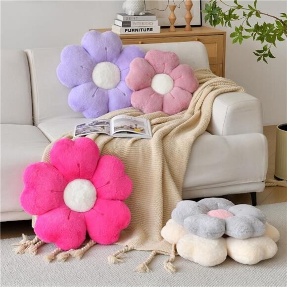 Flower Shaped Pillow, Cute Decorative Throw Pillow with Soft Artificial Fur - Picture 5 of 7